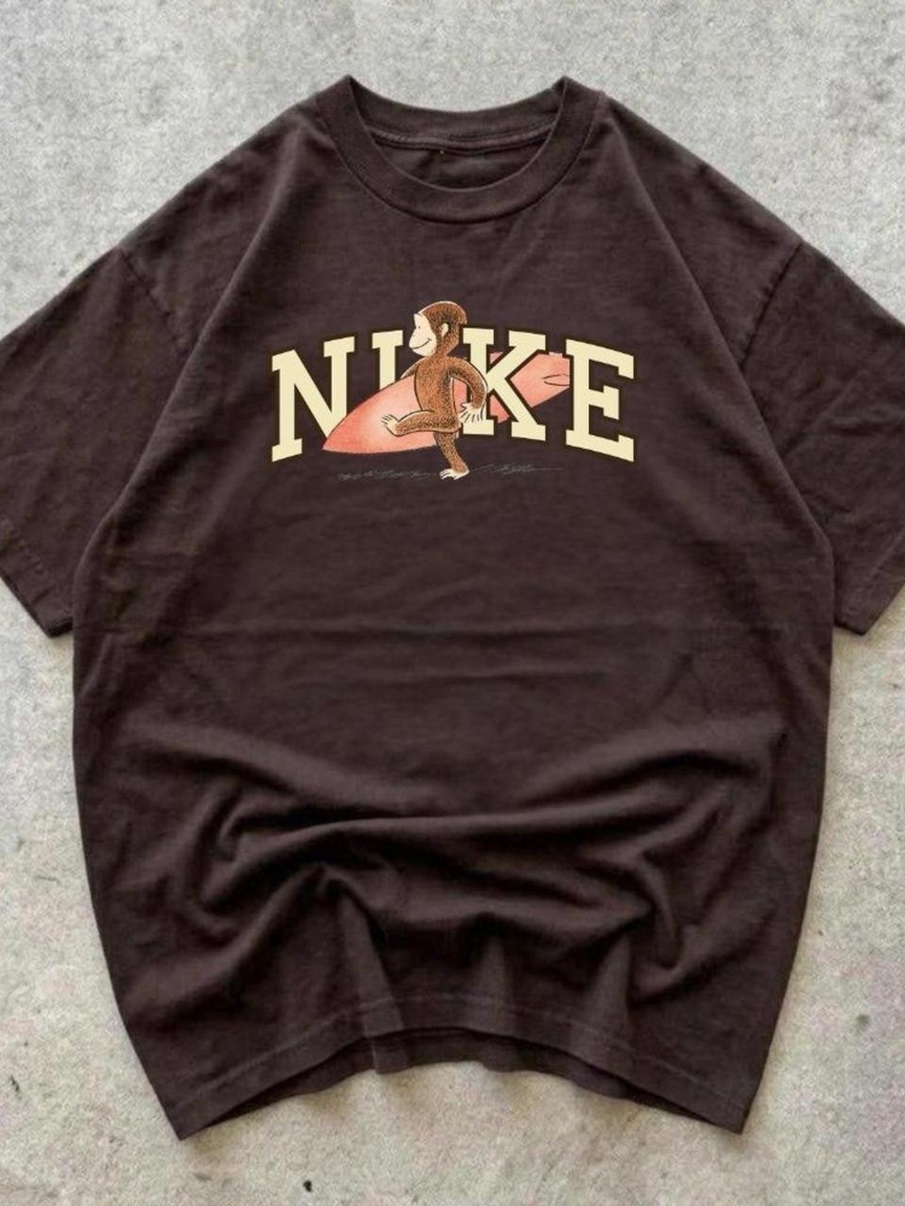 Gildan Brown Short-Sleeve Tee with Surfing Monkey and Nike Logo